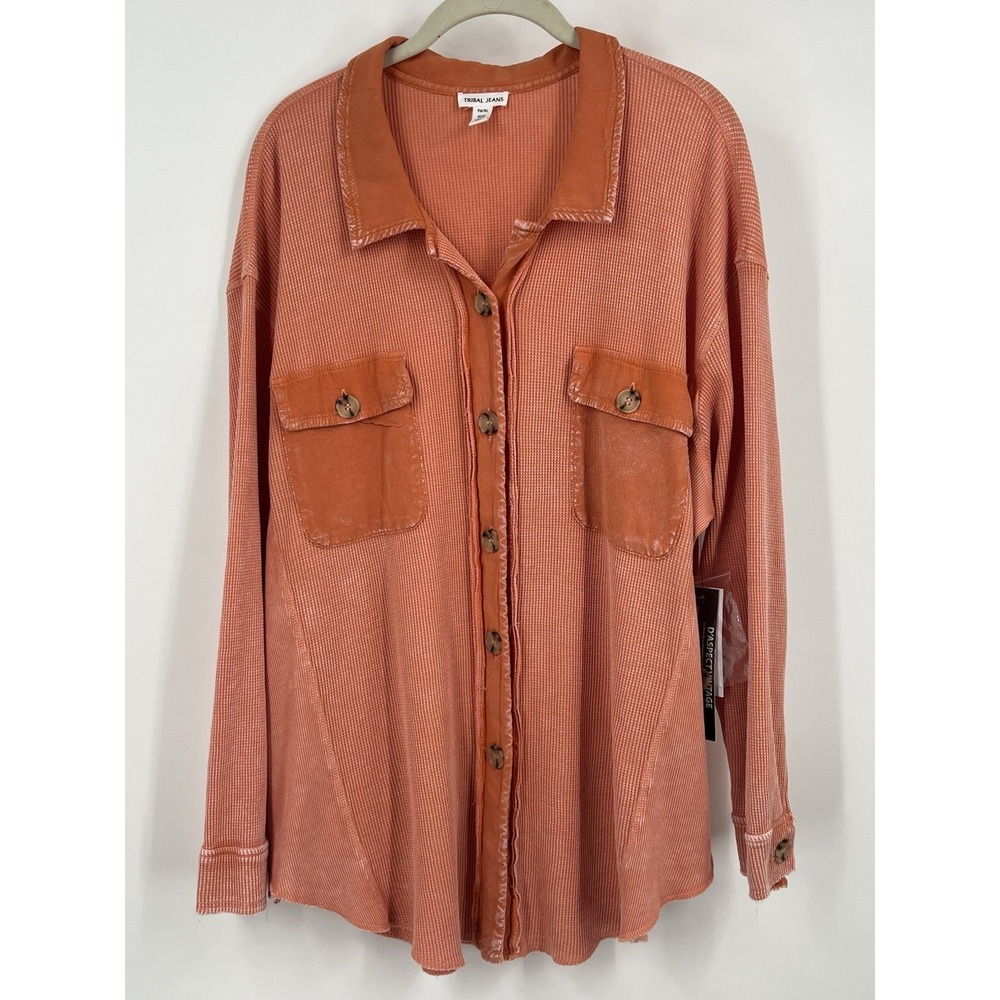 Tribal Jeans Shirt Women's XL Orange Waffle Knit Button Down Loose Shacket NWT